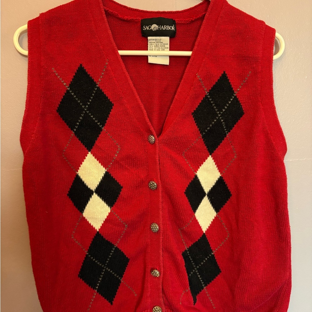 Sag Harbor Women's 90s Argyle Sweater Vest Red Button Up Medium